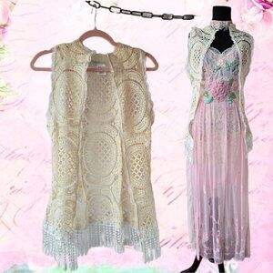 Handmade Lace and Fringe Hem Open Front Vest Romantic Victorian-Style Sleeveless